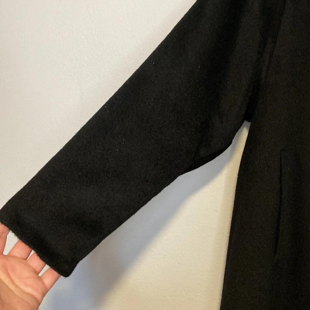 Vintage Alpaca Long Black Coat with Fur Trim Button Down Pea Coat Medium Wool